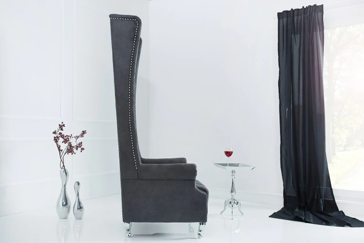 Casa Padrino Sill¨®n con respaldo alto Chesterfield Gris - Sill¨®n con respaldo alto Trone King - Respaldo alto barroco moderno