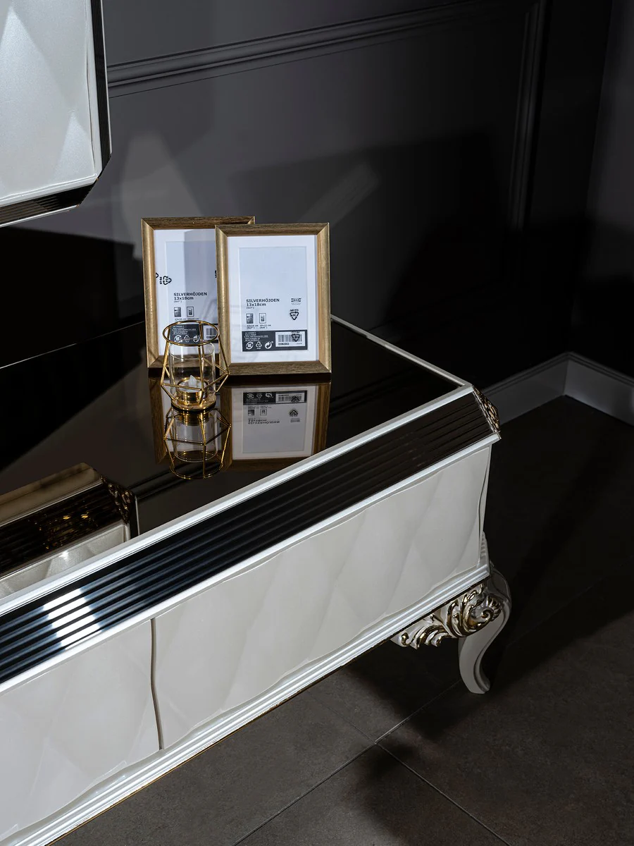 Casa Padrino gabinete de TV barroco de lujo blanco / oro / negro 235 x 52 x A. 54 cm - Aparador de madera maciza noble con pared de TV - Gabinete de sala de estar - Muebles de salón en estilo barroco