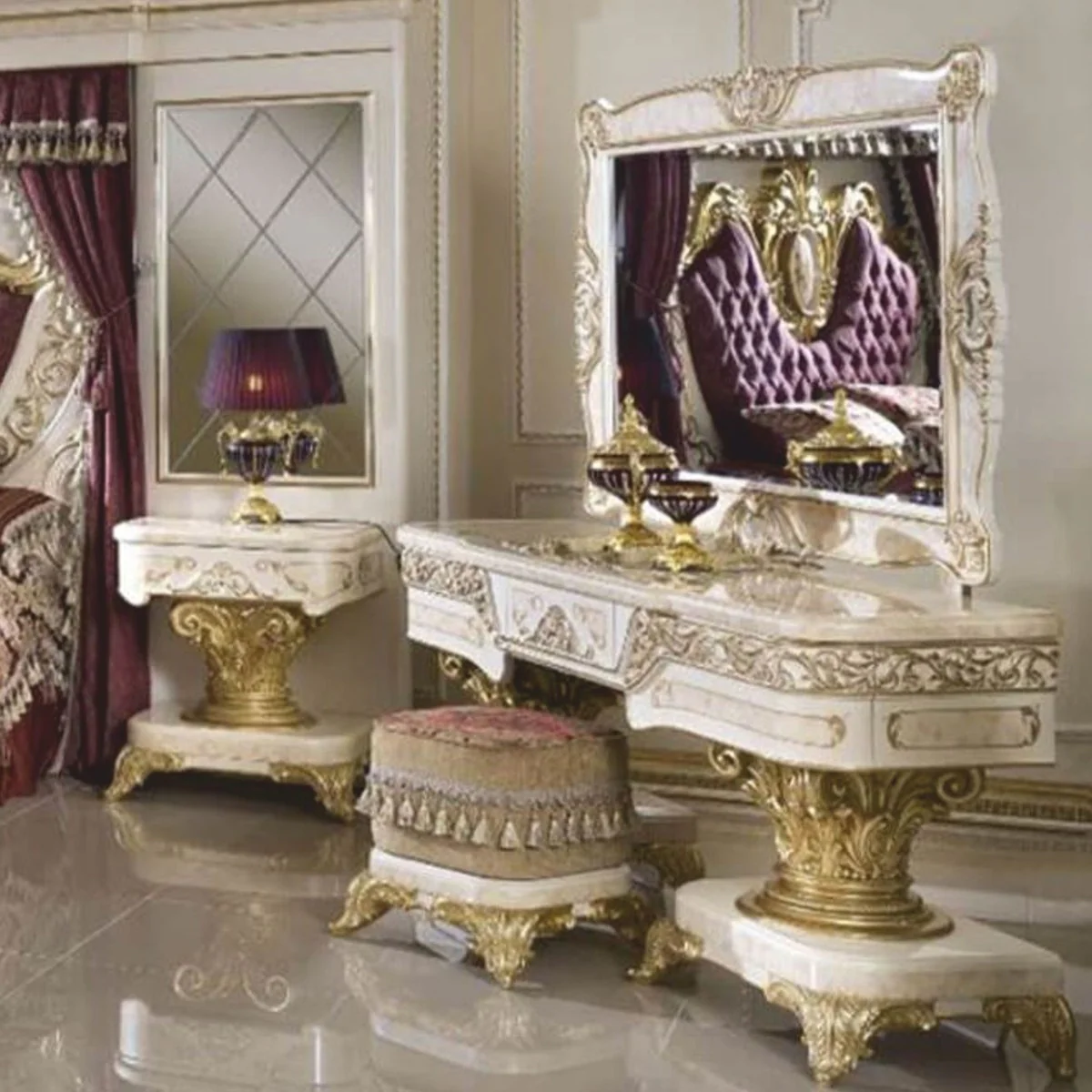 Casa Padrino conjunto de tocador de dormitorio barroco de lujo blanco / beige / oro - Muebles barrocos