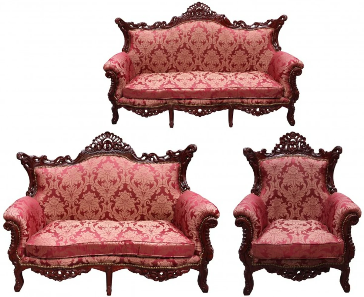 Casa Padrino Baroque living room set Bordeaux Pattern / Brown red - 3 seater sofa and 2 seater sofa + 1 armchair - Baroque Furniture