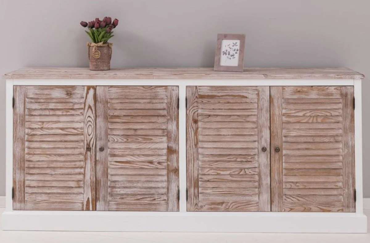 Casa Padrino aparador de estilo campestre blanco / natural 209 x 37 x A. 90 cm - Armario de madera maciza con 4 puertas - Muebles de madera maciza - Muebles de comedor - Muebles estilo campestre