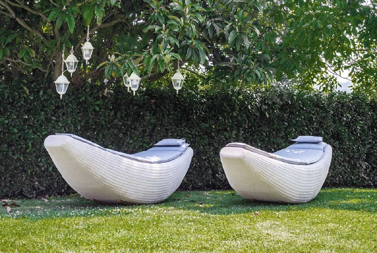 Casa Padrino tumbona mecedora de lujo blanco / lila 230 x 75 x A. 70 cm - Tumbona de jardín resistente a la intemperie tejida a mano - Tumbona de piscina moderna - Muebles de Jardín de Hotel