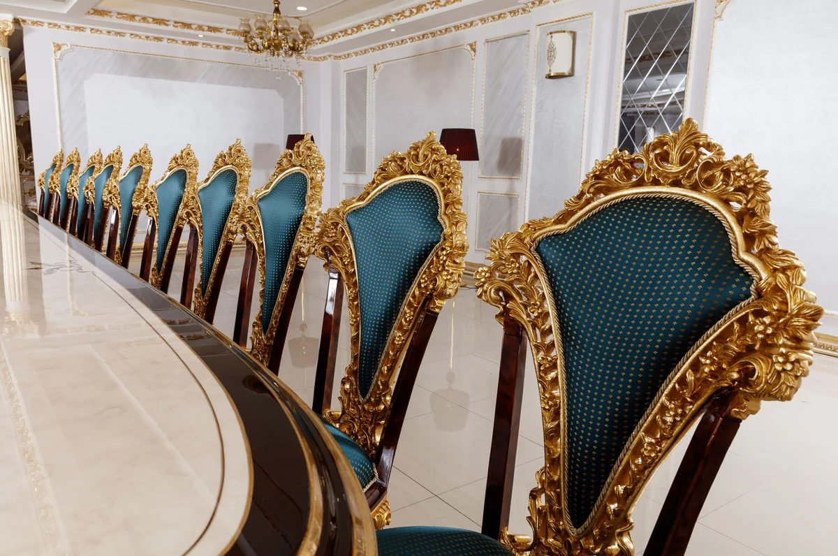 Casa Padrino conjunto de comedor barroco de lujo blanco / marr¨®n / azul / oro - 1 Mesa de Comedor Barroco y 22 Sillas de Comedor Barrocos - Muebles hotel - Muebles de castillo - Muebles de palacio