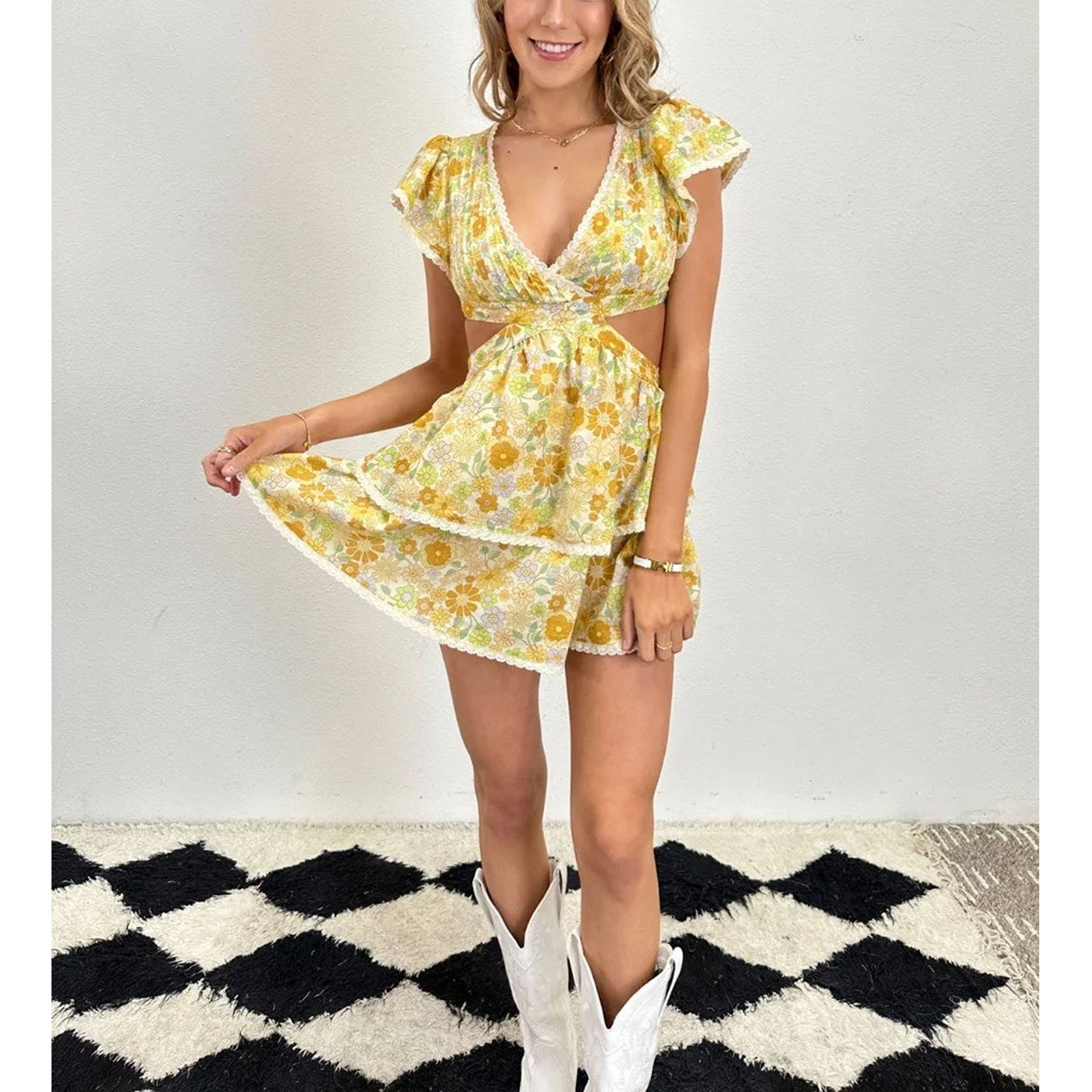 Honey Blossom Ruffle Cutout Mini Dress