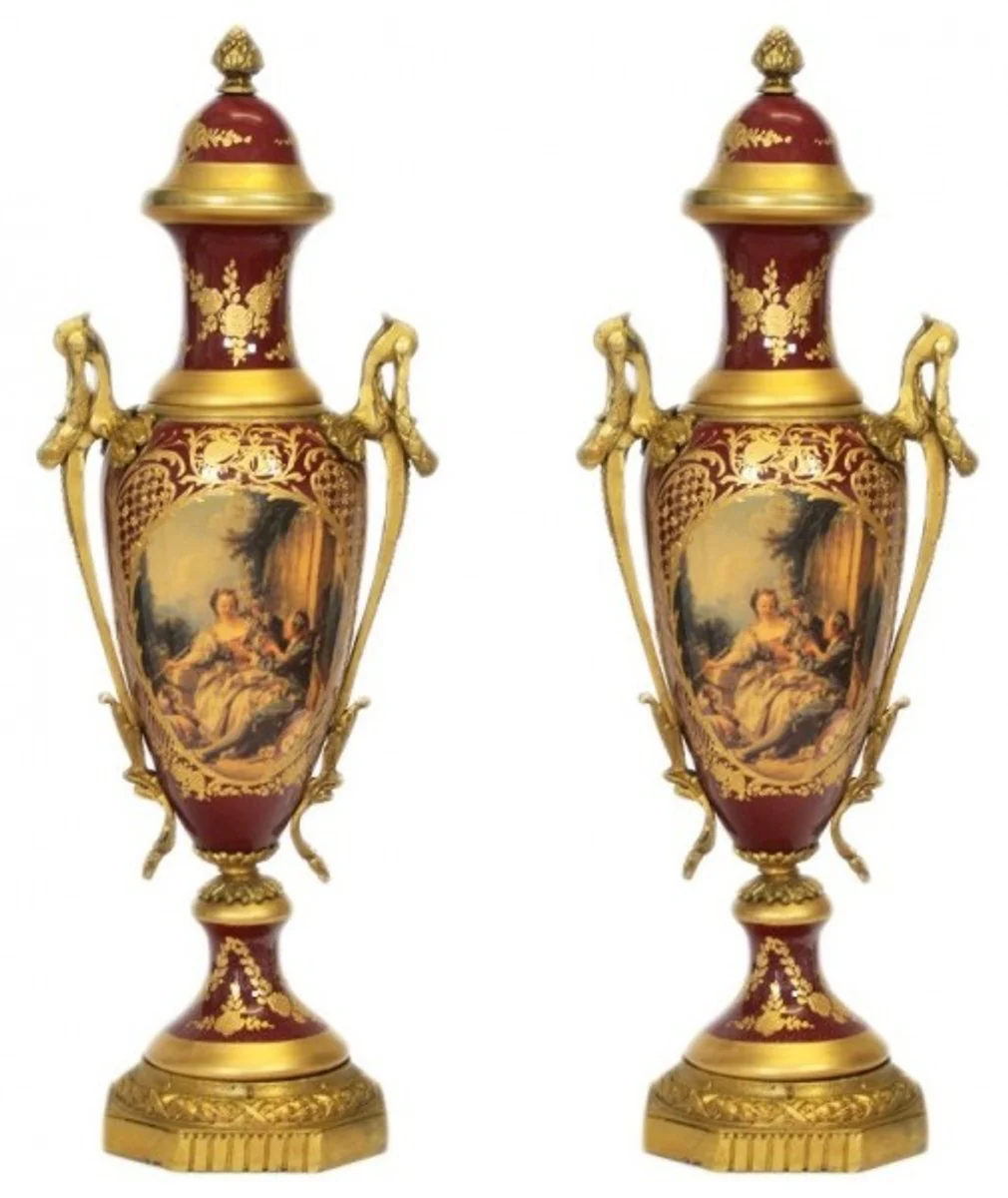 Casa Padrino Baroque Porcelain Cup Set Bordeaux Red / Gold B20 H58 cm (2 pieces) - Grand Decor - Hotel Decoration