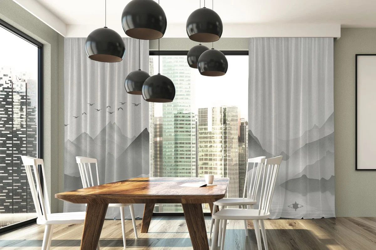 Casa Padrino conjunto de cortinas de lujo montañas con lago gris 250 x A. 290 cm - Cortinas de lino y terciopelo estampadas - Cortinas de ojales - Cortinas correderas - Cortinas de dormitorio de salón