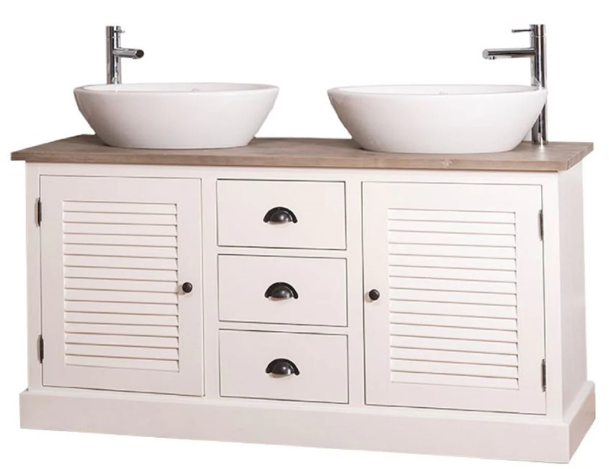 Casa Padrino armario lavabo doble de estilo campestre con 2 puertas y 3 cajones crema / natural 150 x 51 x H. 75 cm - Muebles de Baño de Estilo Campestre