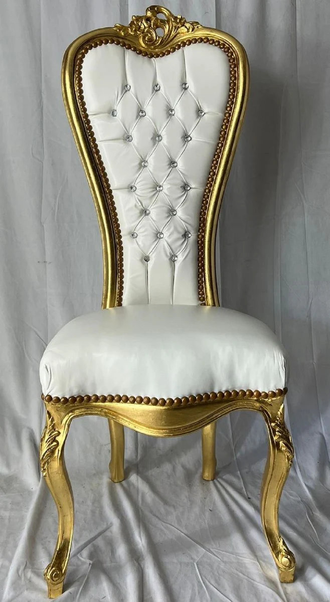 Casa Padrino silla de trono barroco con cuero artificial y pedrer¨ªa blanco / oro - Muebles barrocos