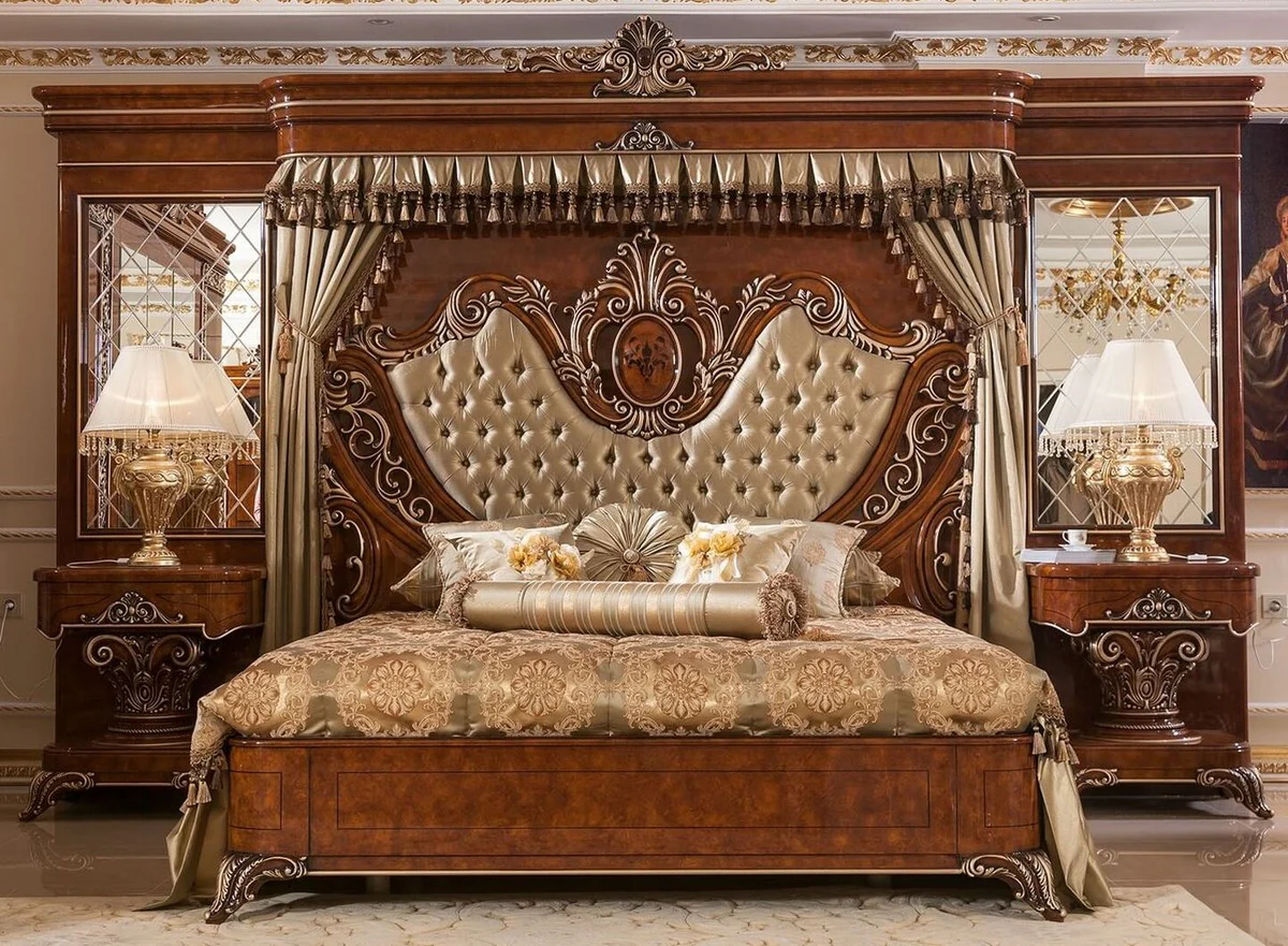 Casa Padrino conjunto de dormitorio barroco de lujo oro / marrón / bronce - 1 Cama Doble con Cabecera y Respaldo y 2 Mesitas de Noche - Muebles de dormitorio barroco - Noble y Magnífico