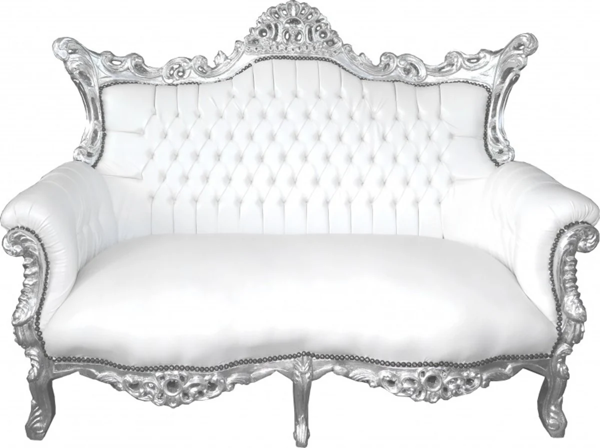 Casa Padrino Baroque 2-seater sofa Master white leather look / Silver - antique style furniture
