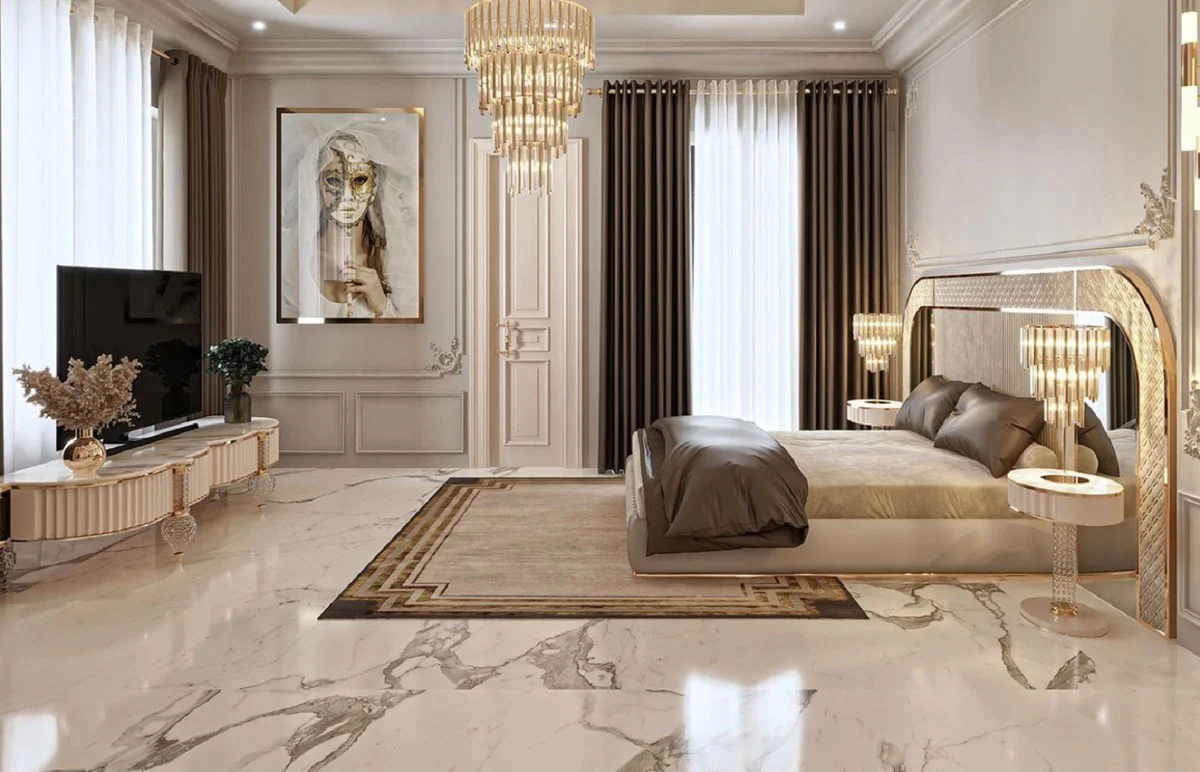 Casa Padrino cama doble Art Deco de lujo gris / oro 350 x 209,5 x A. 140 cm - Cama noble de madera maciza con cabecero de espejo - Muebles de dormitorio - Muebles Art Deco de lujo