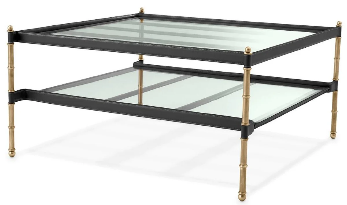 Casa Padrino mesa de centro de lujo lat¨®n vintage / negro 89 x 87,5 x A. 44 cm - Mesa de sal¨®n con tapas de vidrio y cuero genuino - Muebles de sal¨®n - Muebles de hotel - Muebles de lujo