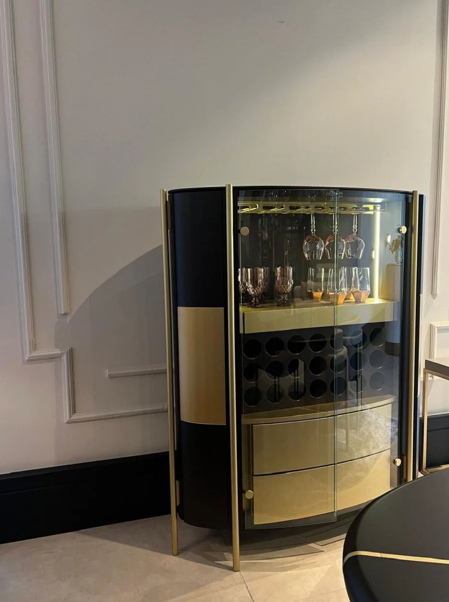 Casa Padrino armario bar de lujo marr¨®n oscuro / lat¨®n 128 x 47 x A. 150 cm - Armario del vino iluminada de madera maciza con 4 puertas - Armario de sal¨®n - Armario de bar - Muebles de Hotel