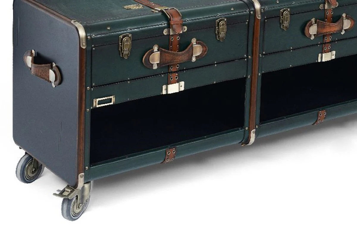 Casa Padrino armario TV de lujo en óptica maleta verde / marrón / latón 201 x 48 x A. 65 cm - Armario maleta de madera maciza con ruedas - Mueble de salón - Muebles de lujo en óptica maleta