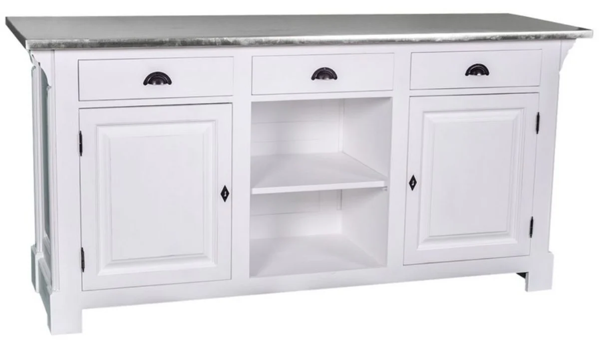 Casa Padrino mostrador de estilo country blanco / plata 191 x 68 x H. 95 cm - Mostrador de Madera Maciza con Sobre de Zinc