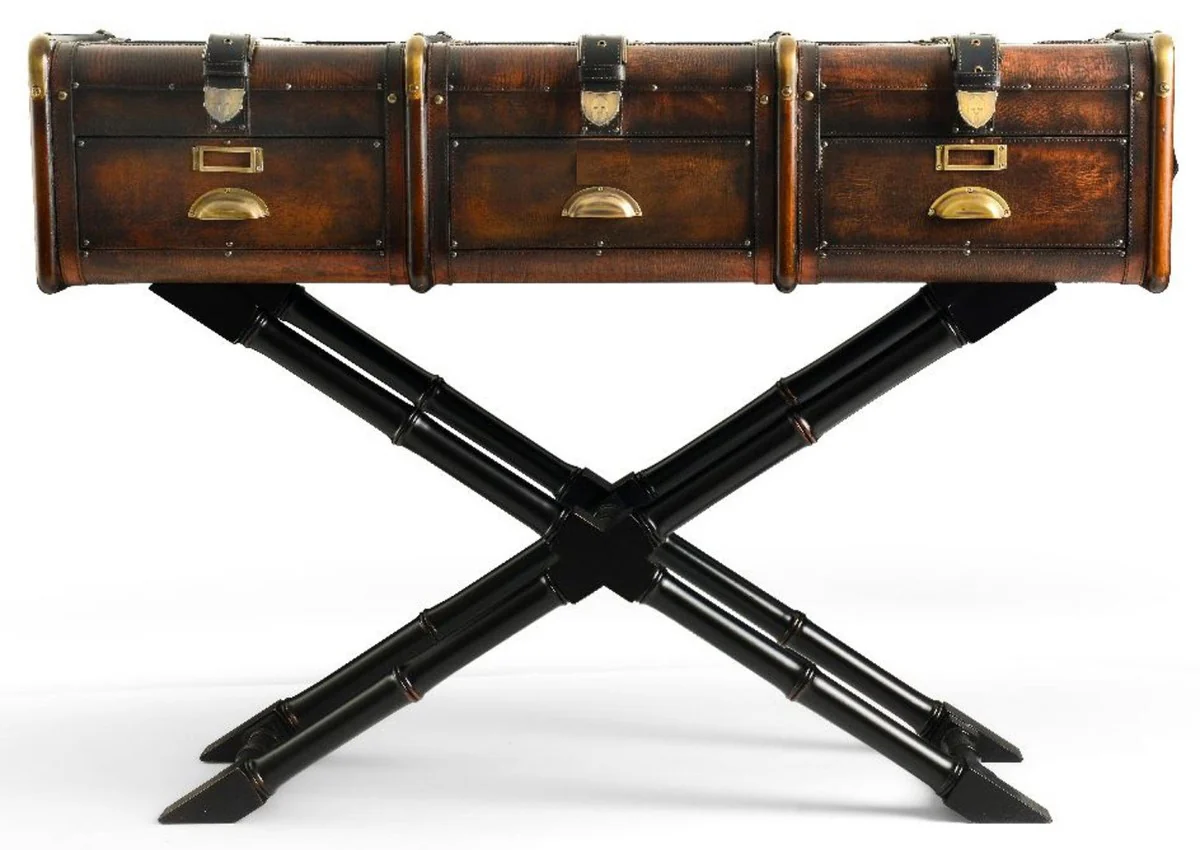 Casa Padrino consola de lujo en ¨®ptica de maleta marr¨®n / negro / lat¨®n 120 x 39 x A. 83 cm - Mesa consola con 3 cajones - Muebles de dormitorio - Muebles de lujo en ¨®ptica de maleta