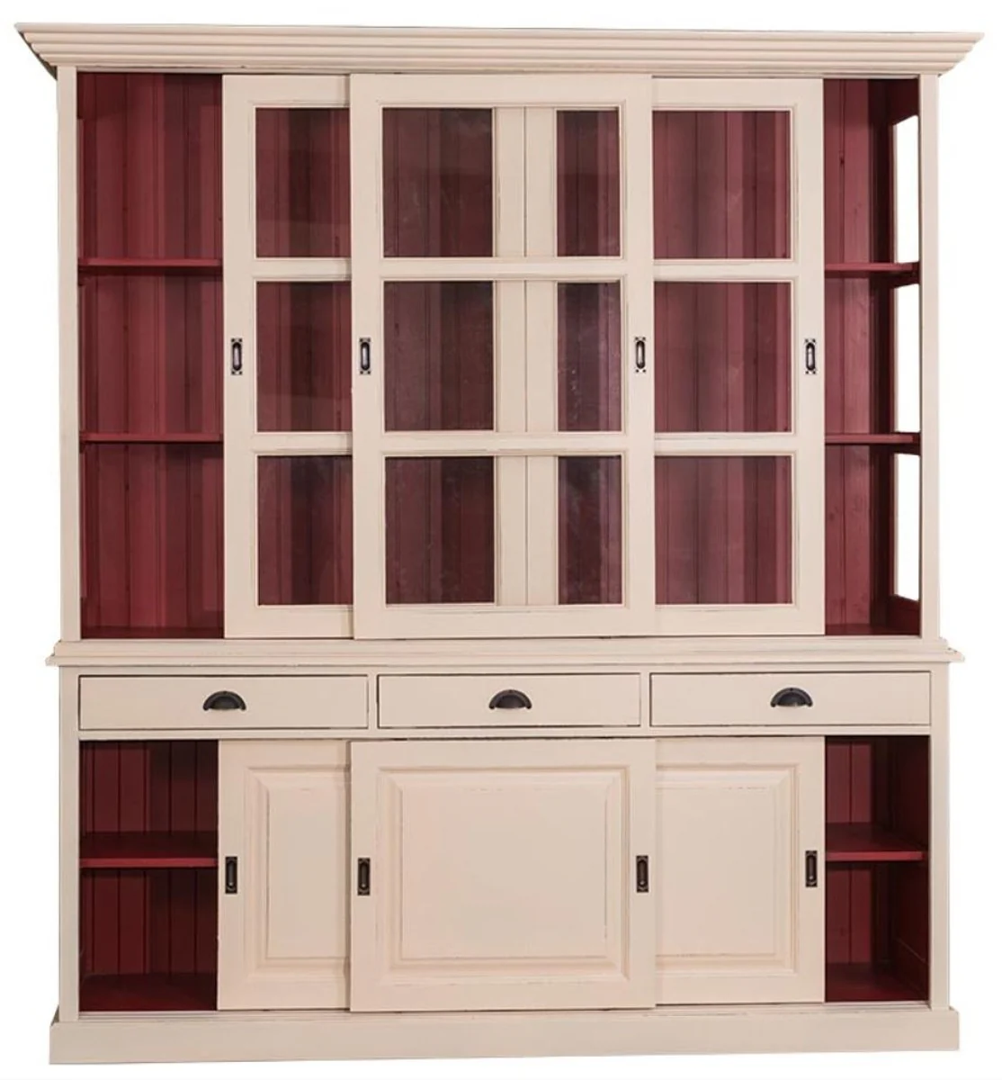 Casa Padrino Gabinete de Cocina Estilo Country Crema Antigua / Rojo 206 x 53 x H. 219 cm - Gabinete de Cocina de 2 Piezas con 6 Puertas Corredizas y 3 Cajones