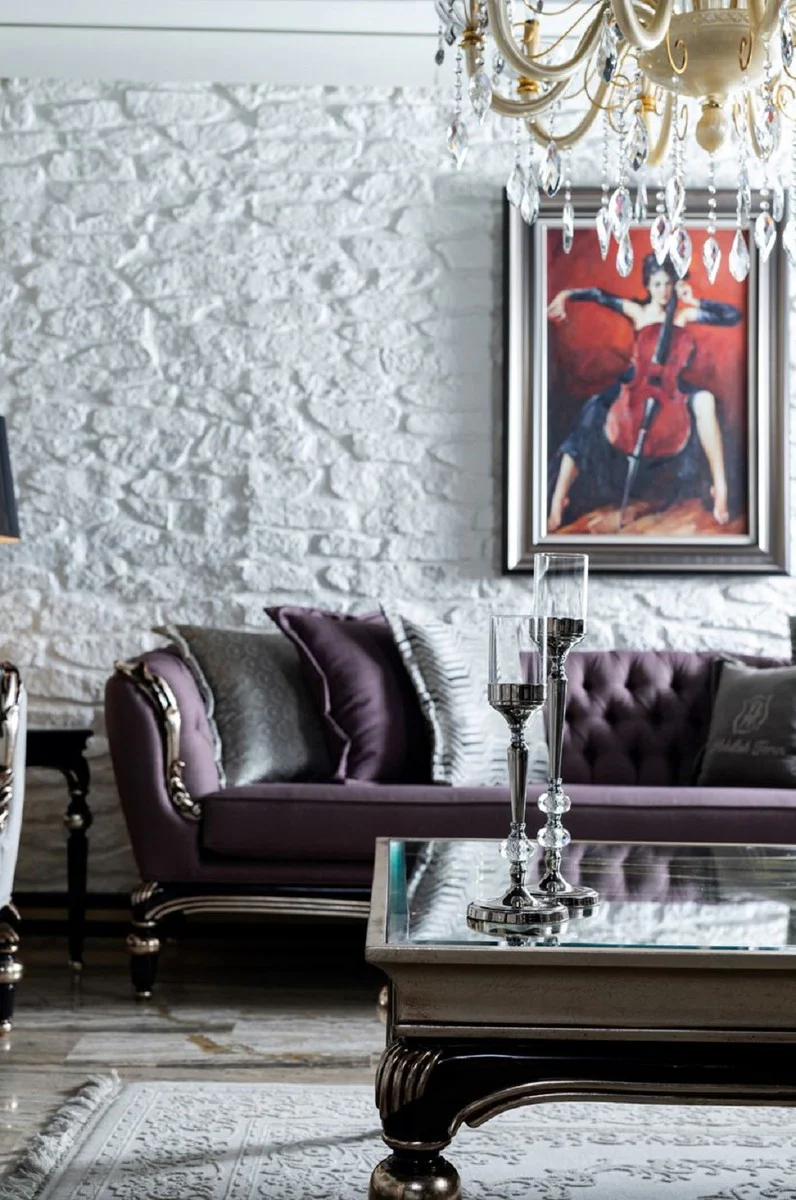 Casa Padrino sof¨¢ barroco de lujo p¨²rpura / negro / plata - Sof¨¢ de sal¨®n hecho a mano - Muebles de sal¨®n barrocos