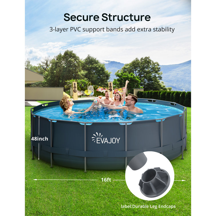 EVAJOY 16ft x 48in Metal Frame Swimming Pool Set, Round Above Ground Pool Set