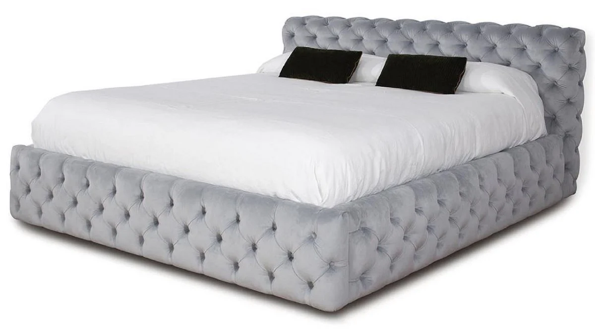 Casa Padrino cama doble Chesterfield de lujo gris 212 x 236 x A. 98 cm - Cama de madera maciza con cabecero - Muebles de dormitorio - Muebles de lujo - Muebles Chesterfield