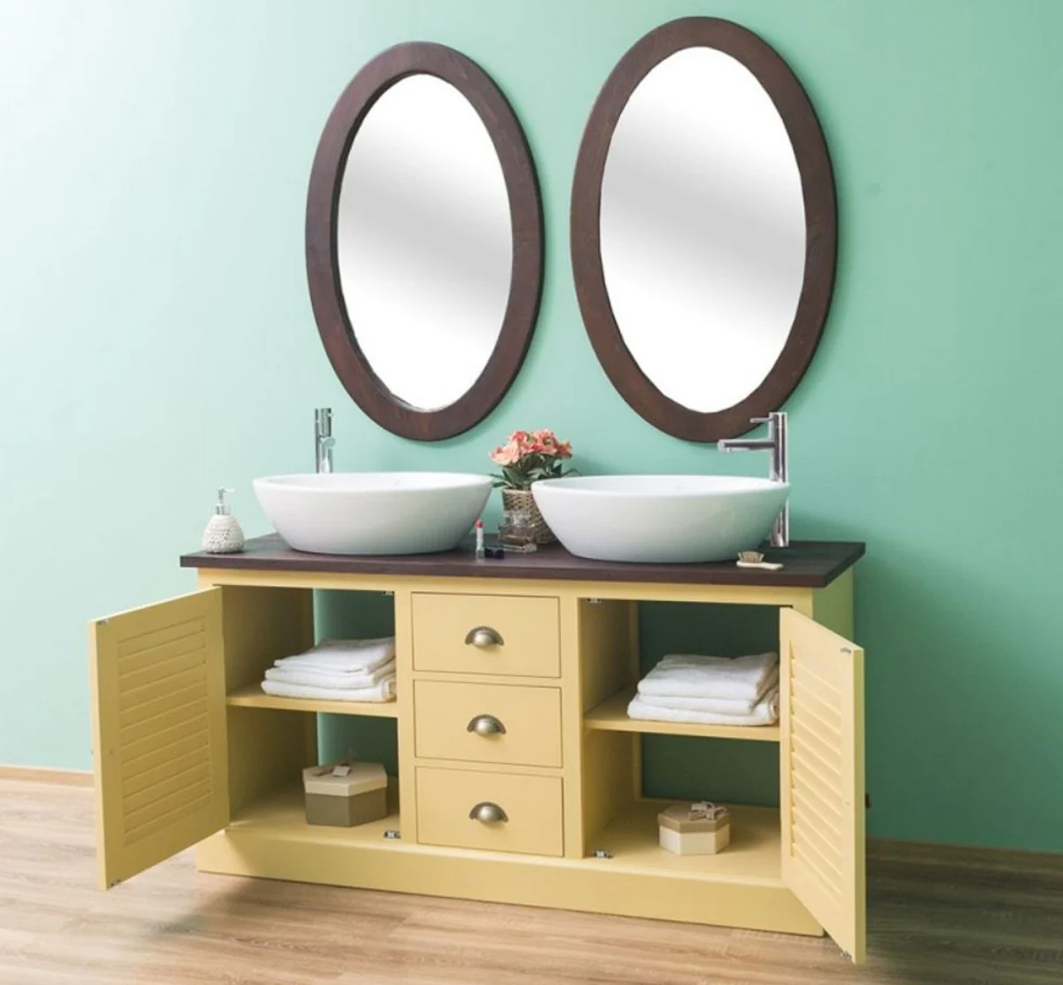 Casa Padrino Conjunto de Baño de Estilo Campestre Amarillo / Marrón Oscuro - 1 Gabinete del Fregadero Doble y 2 Espejos de Pared - Muebles de Baño de Madera Maciza en Estilo Campestre