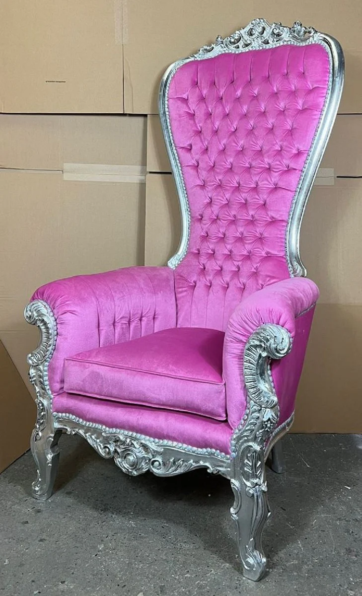 Casa Padrino sill¨®n de trono barroco con tejido de terciopelo rosa / plata - Sill¨®n sill¨®n real - Sill¨®n de boda hecho a mano - Sill¨®n gigante barroco - Muebles barrocos