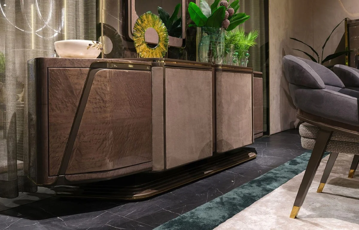 Casa Padrino aparador de lujo gris / oro 251 x 50 x A. 86 cm - Armario de madera maciza con 4 puertas - Muebles de lujo - Muebles de hotel - Interiores de lujo