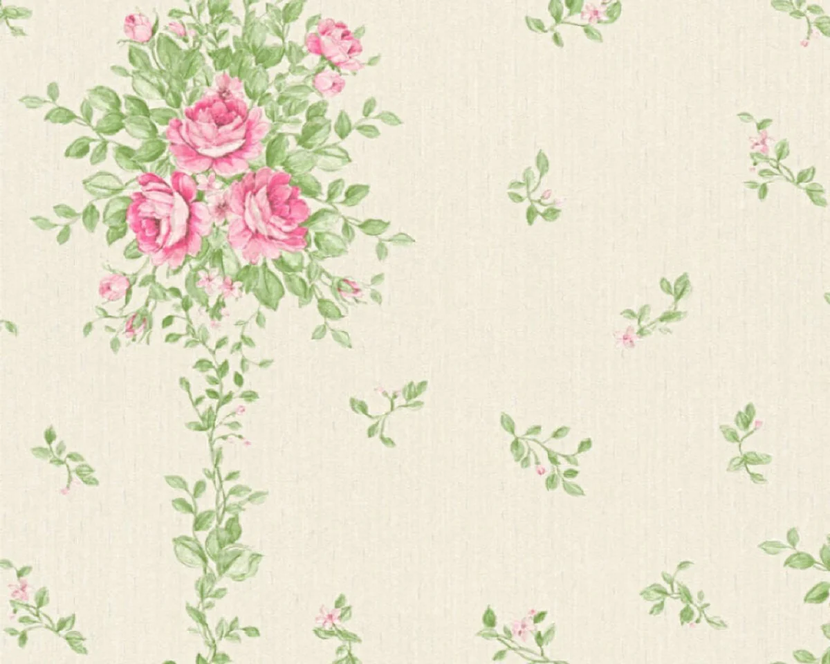 Casa Padrino papel pintado barroco no tejido crema / verde / rosa - Papel pintado de salón de estilo barroco con elegante patrón floral - Decoración de pared barroco