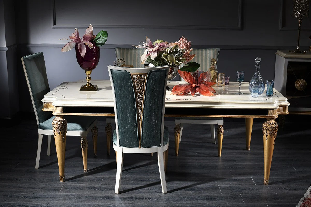 Casa Padrino conjunto de comedor barroco de lujo turquesa / blanco / oro - 1 Mesa de Comedor y 4 Sillas de Comedor - Muebles de Comedor Barrocos