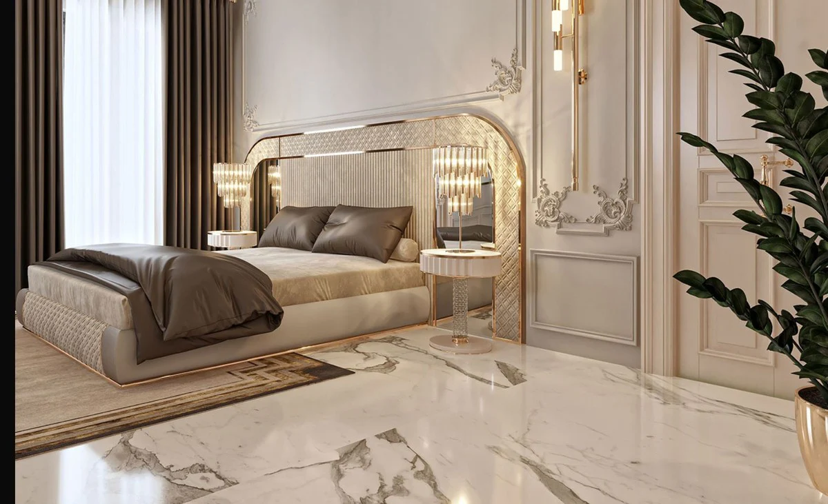 Casa Padrino mesita de noche Art Deco de lujo blanco / gris / oro 60 x 45 x A. 66 cm - Mesita de noche con cajón y tapa de mármol artificial - Muebles de dormitorio Art Deco de lujo