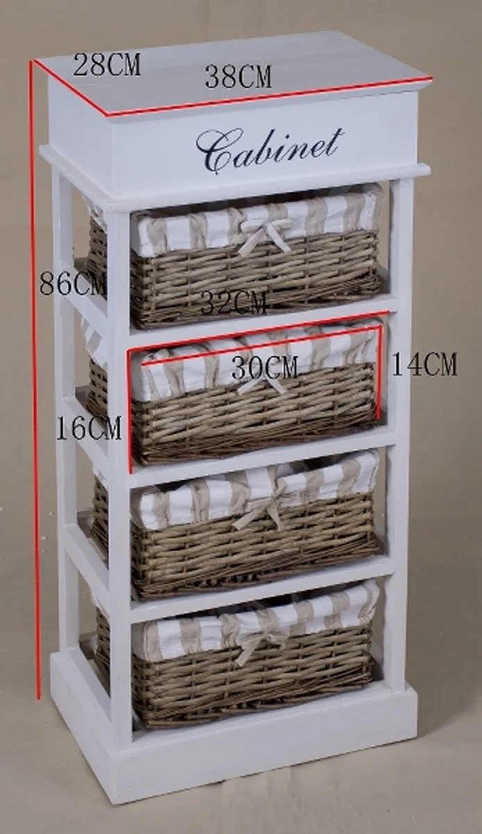 Casa Padrino country style chest of drawers white / natural colors 38 x 28 x H. 86 cm - Handmade Dresser with 4 Rattan Baskets