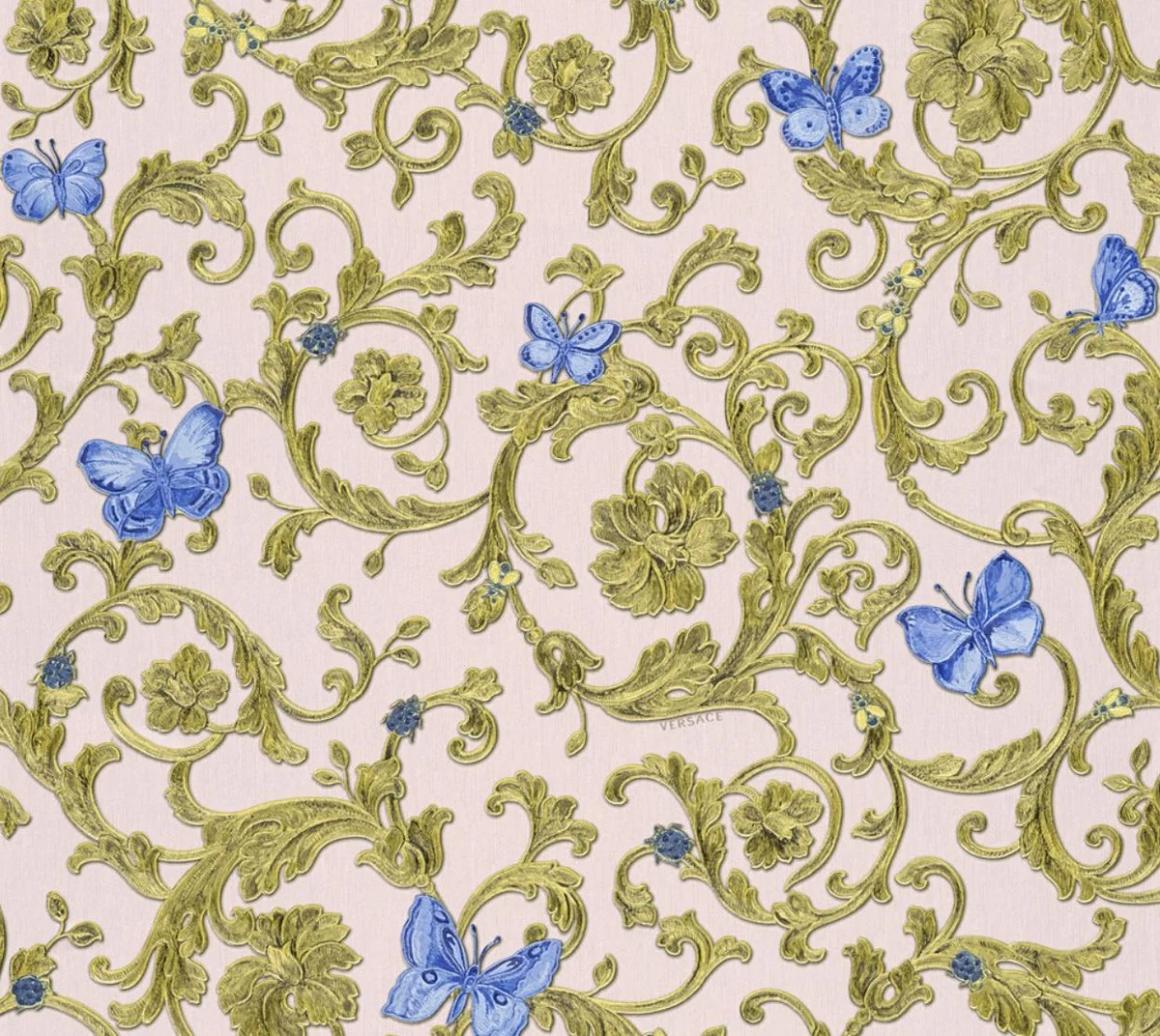 Versace papel pintado barroco no tejido Butterfly Barocco 343256 rosa / azul / oro - Papel Pintado de Diseño - Calidad de Lujo