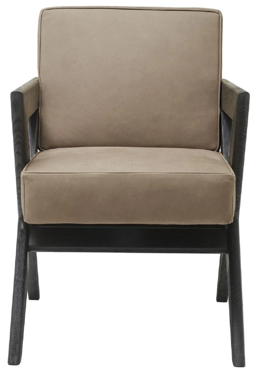 Casa Padrino silla de comedor de piel genuina de lujo con reposabrazos beige / negro 59 x 74 x A. 88 cm - Silla de cocina con cuero de b¨²falo nobuck fino - Muebles de comedor de lujo