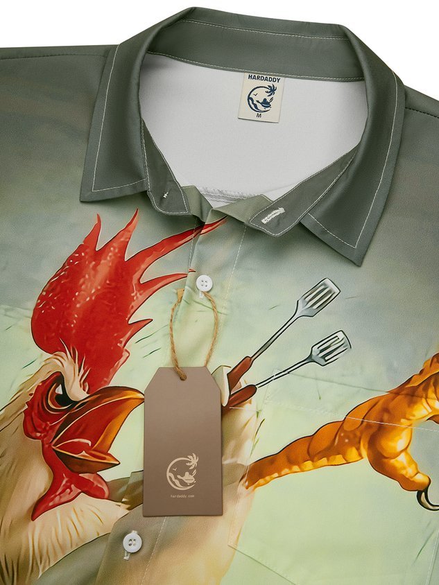 Kung fu Rooster Chest Pocket Short Sleeve Casual Shirt