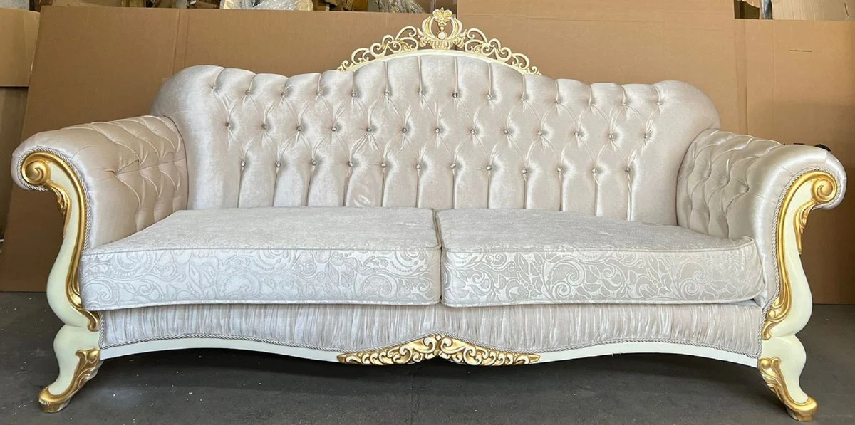 Casa Padrino sof¨¢ barroco de lujo plata / crema / oro - Sof¨¢ de sal¨®n de estilo barroco con pedrer¨ªa - Muebles de sal¨®n de lujo en estilo barroco - Muebles barrocos