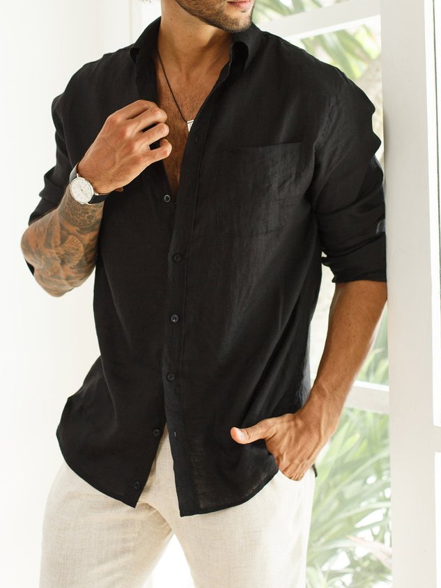Men's Cotton Linen Casual Pocket Long Sleeve Shirt