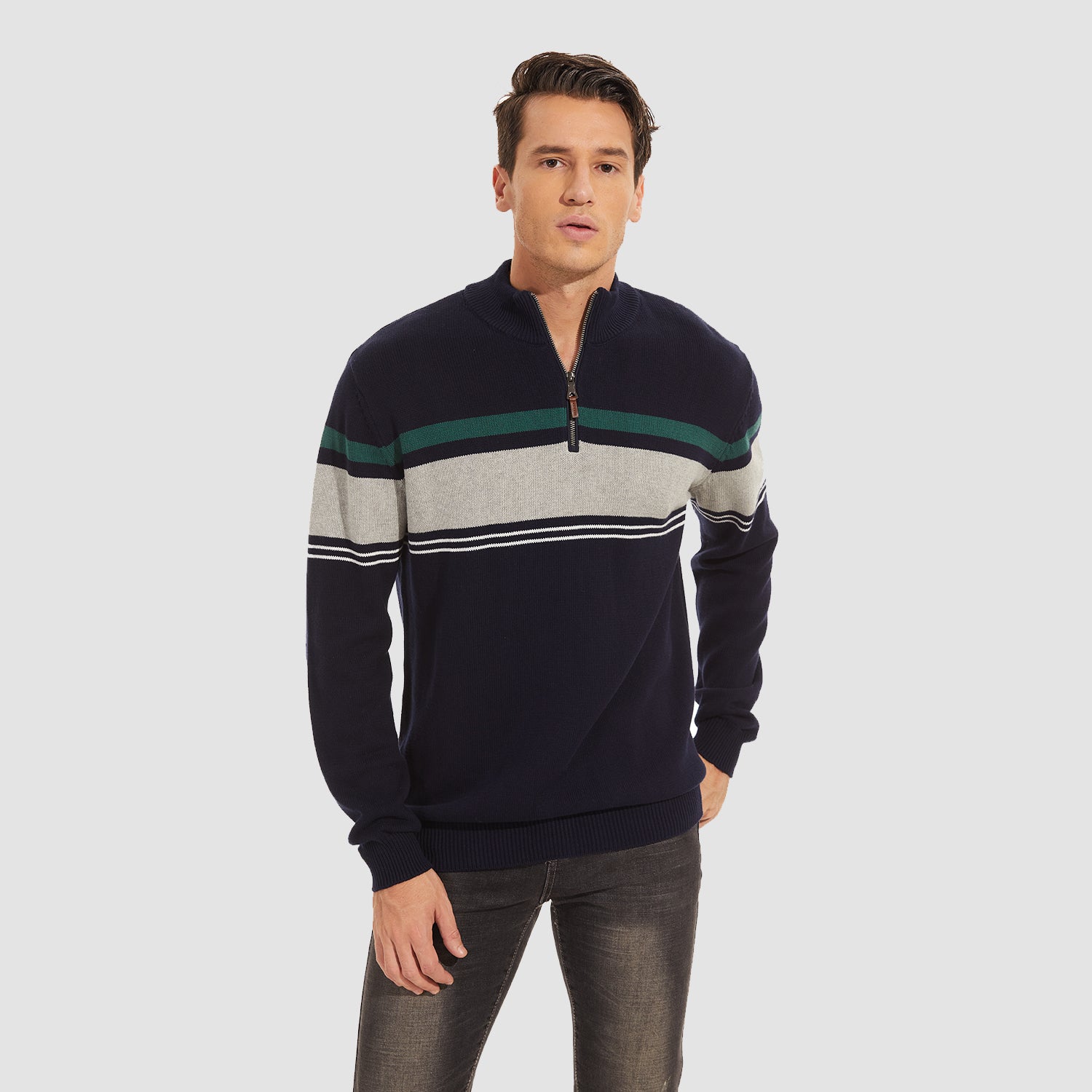 Men's Sweater Half Zipper Turtleneck Warm Pullover Slim Fit Casual Comfortable Striped Knitted Sweaters