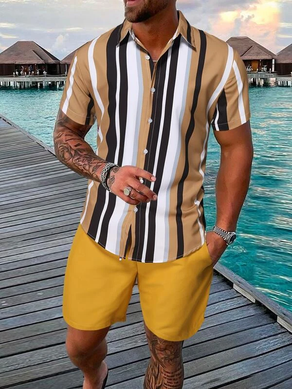 Suitmens Men's Hawaiian Print Short Sleeve Shirt Set 022