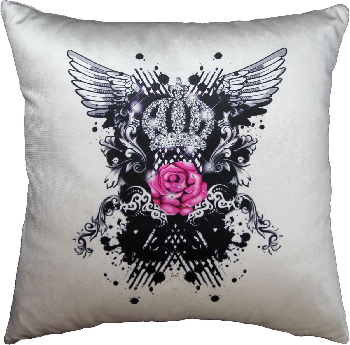 Harald Gl??ckler luxury decorative pillow Pink rose Pomp??s by Casa Padrino cream / black Mod2 crown with rhinestones - Gl??ckler pillow