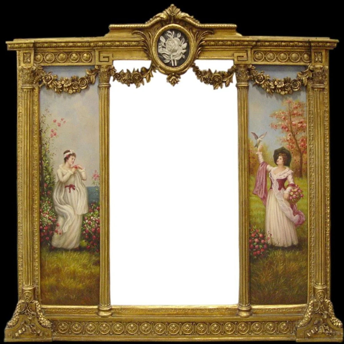 Espejo de pared barroco de lujo Casa Padrino dorado - B. 152.5 cm x L. 146.4 cm - Espejo dorado con ornamentos florales - Derecha e izquierda con pinturas barrocas