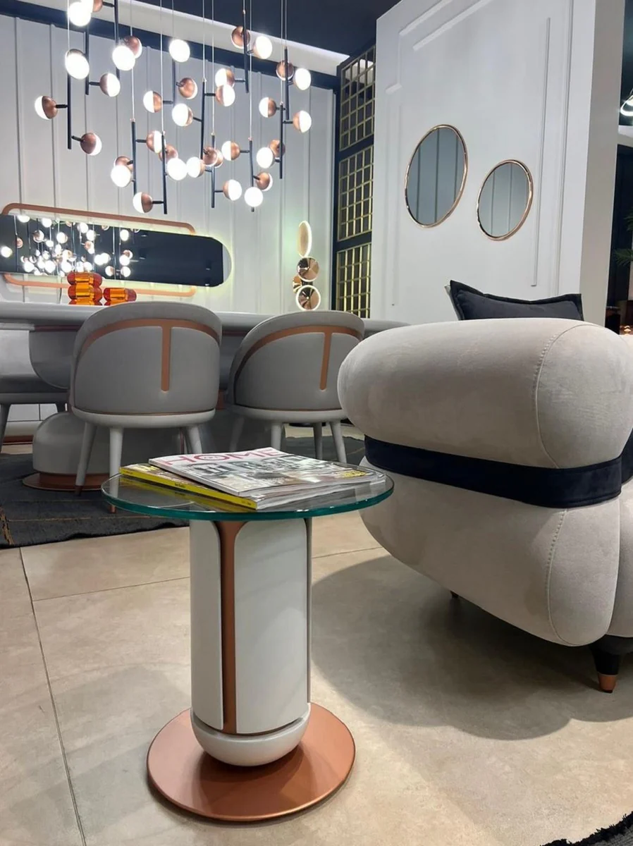 Casa Padrino mesa auxiliar de lujo blanco / cobre ? 40 x A. 40 cm - Mesa redonda con tapa de vidrio - Muebles de sal¨®n - Muebles de hotel - Muebles de lujo