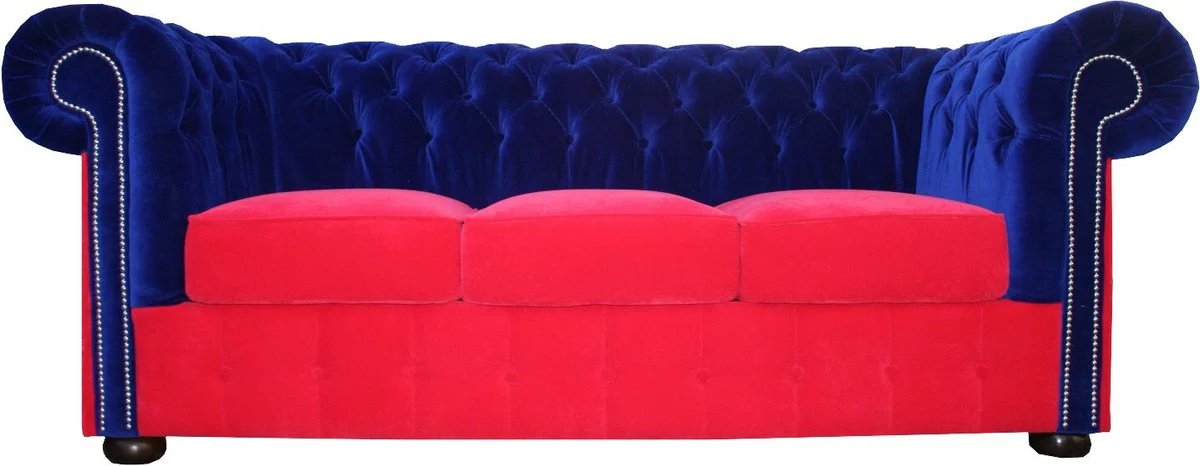 Sof¨¢ de 3 plazas Casa Padrino Chesterfield en azul-rojo 200 x 90 x H. 78 cm - calidad de lujo