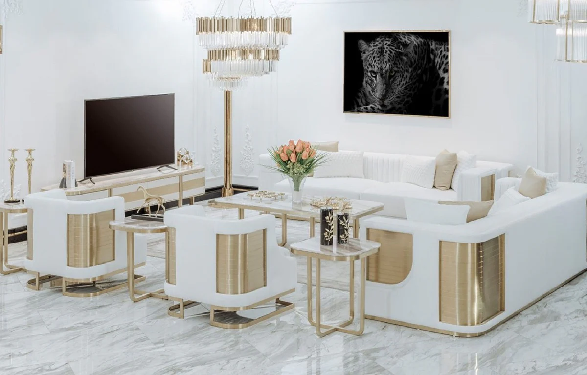 Casa Padrino sof¨¢ de lujo blanco / oro 290 x 98 x A. 72 cm - Sof¨¢ de sal¨®n - Sof¨¢ de hotel - Muebles de sal¨®n - Muebles de hotel - Muebles de lujo - Interiores de lujo