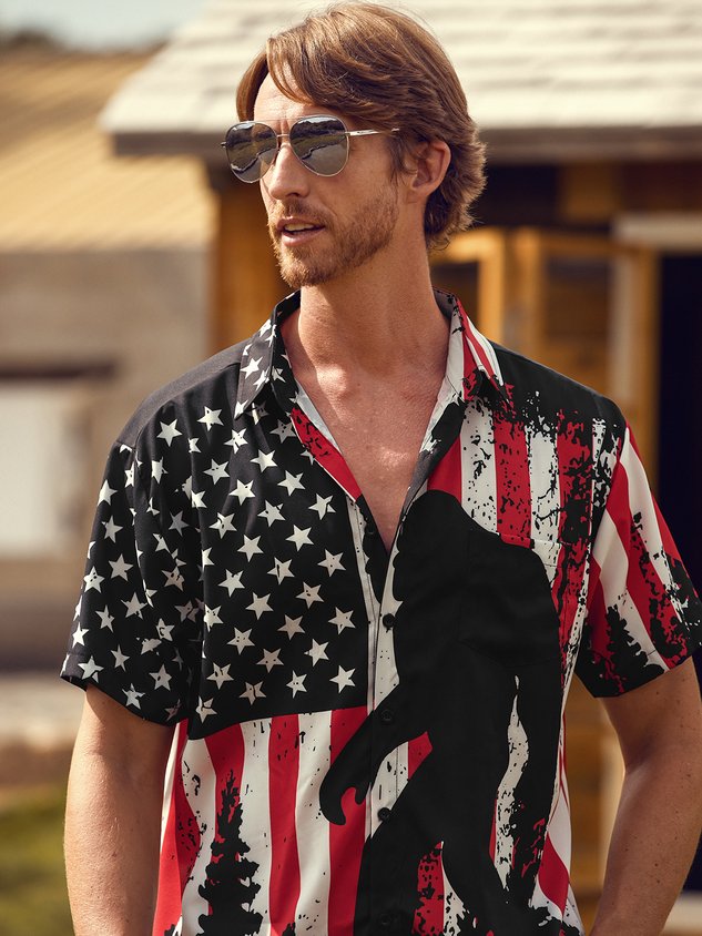 Flag Bigfoot Chest Pocket Short Sleeves Casual Shirt