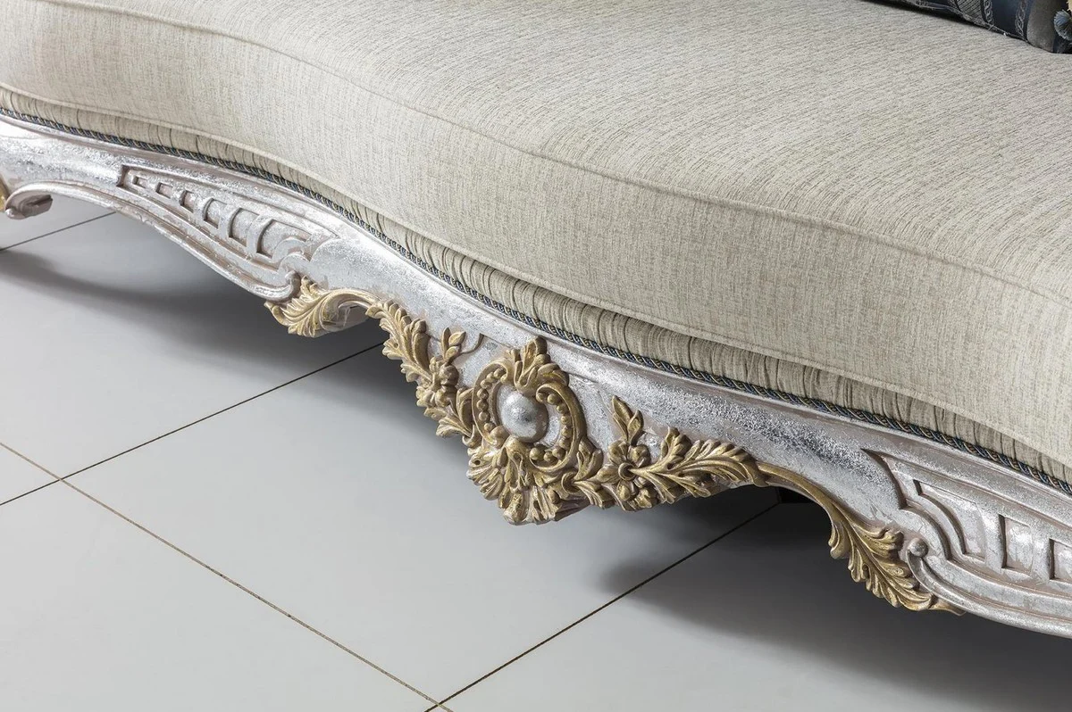 Casa Padrino sof¨¢ de sal¨®n barroco de lujo con cojines decorativos crema / azul / plata / oro 250 x 95 x A. 125 cm - Noble & Magn¨ªfico