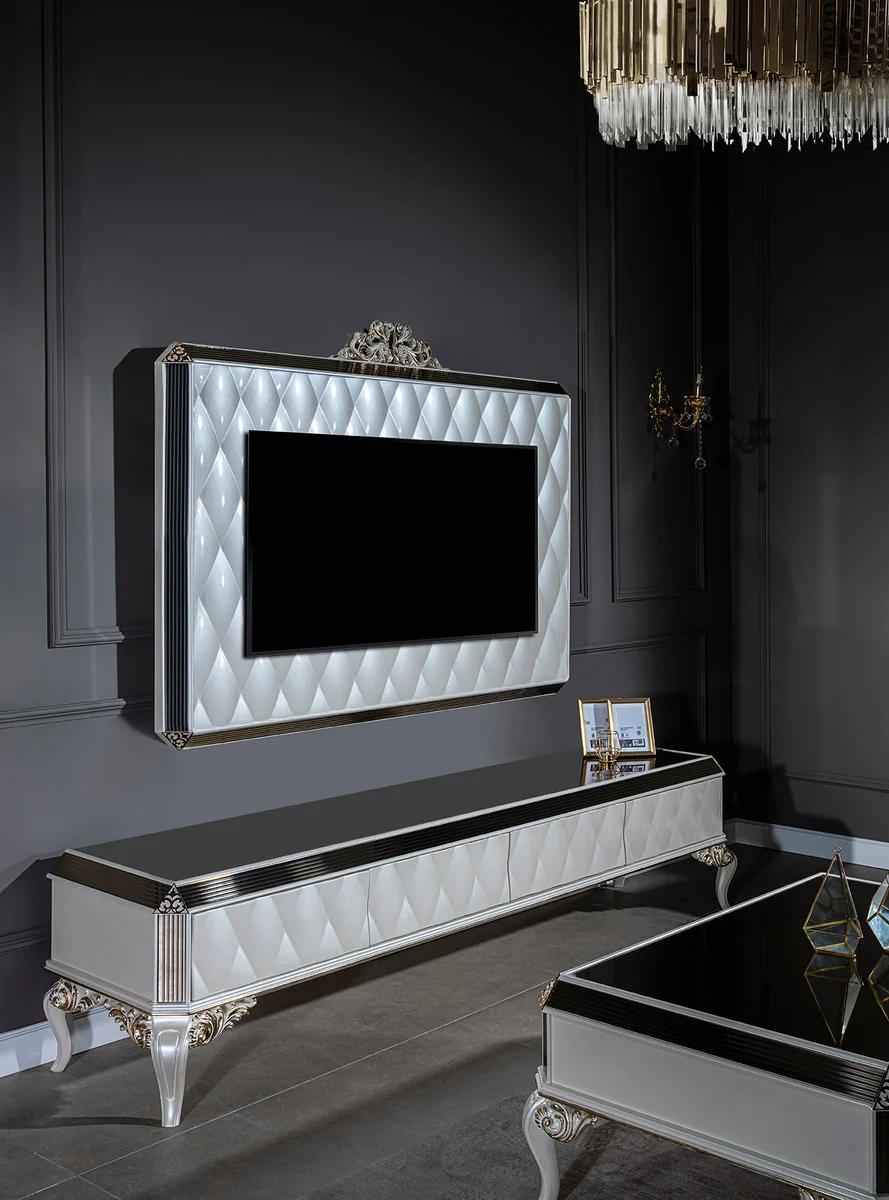 Casa Padrino gabinete de TV barroco de lujo blanco / oro / negro 235 x 52 x A. 54 cm - Aparador de madera maciza noble con pared de TV - Gabinete de sala de estar - Muebles de sal¨®n en estilo barroco