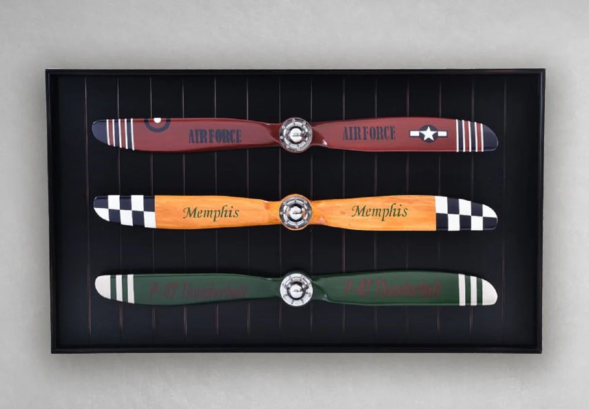 Casa Padrino decoración de pared de estilo vintage de lujo hélices de avión multicolor / negro / plata 170 x 6 x A. 97,5 cm - Decoración de pared de lujo aviador - Colección de lujo