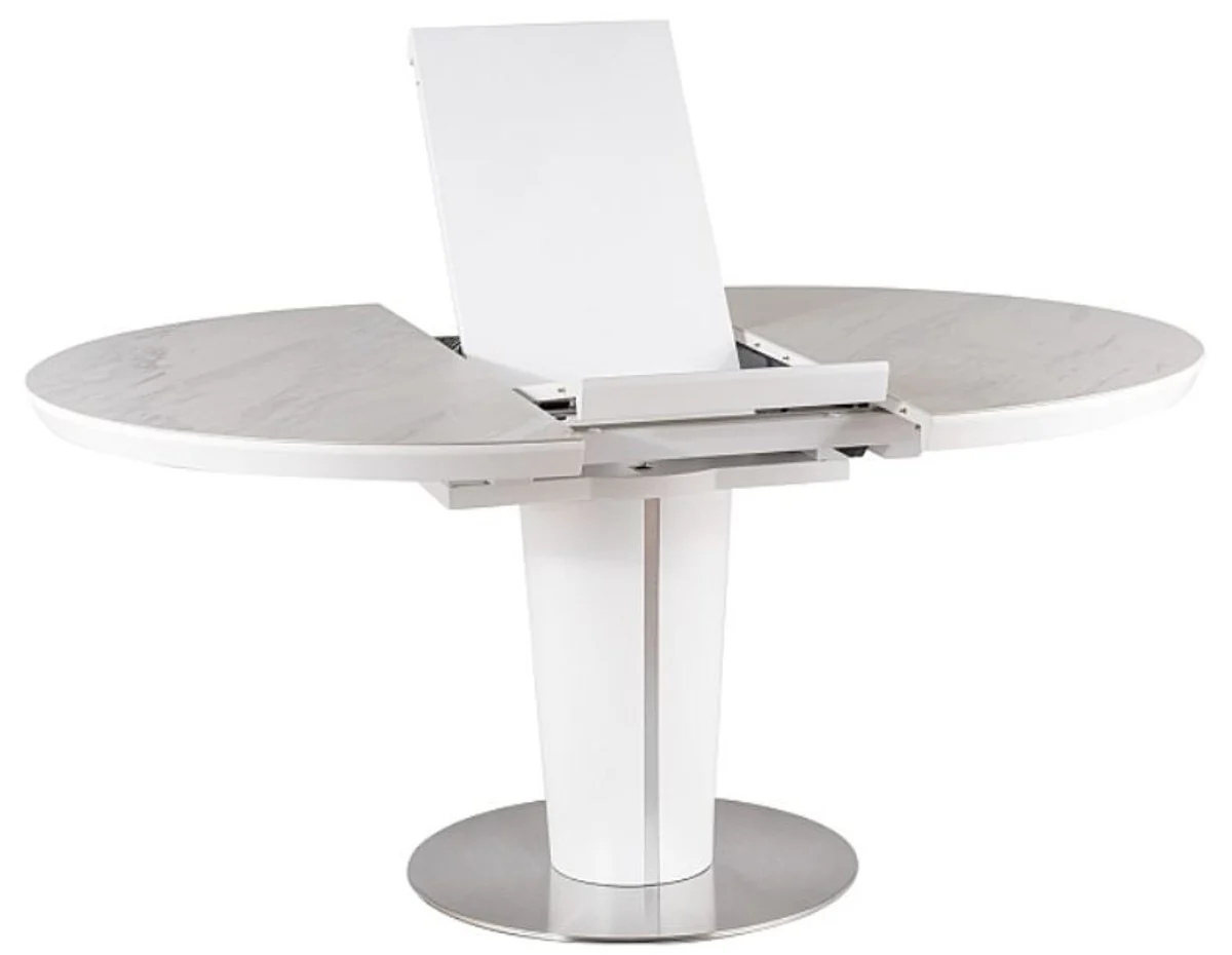 Casa Padrino mesa de comedor de lujo blanco mate / gris / plata 120-160 x 120 x A. 76 cm - Mesa de comedor moderna extensible con placas de cer¨¢mica en aspecto m¨¢rmol - Muebles de Cocina