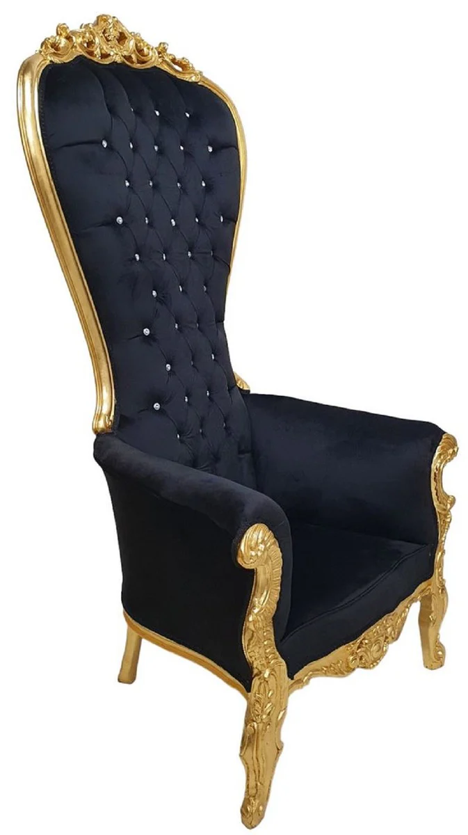 Casa Padrino sill¨®n de trono barroco con tela de terciopelo fino y pedrer¨ªa negro / oro - Sill¨®n real hecho a mano estilo barroco - Sill¨®n de boda - Sill¨®n gigante barroco - Muebles barrocos
