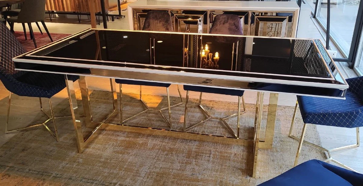 Casa Padrino mesa de comedor de lujo blanco / oro 208 x 101 x A. 80 cm - Mesa de cocina rectangular con tapa de vidrio - Muebles de comedor - Muebles de cocina - Muebles de lujo